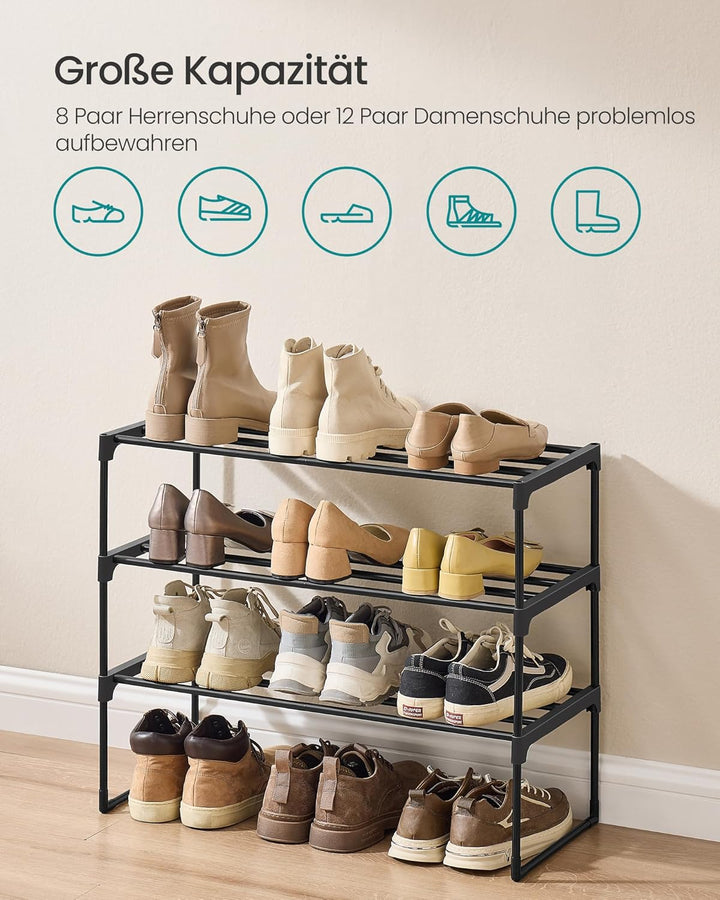SONGMICS Schuhregal 3 Ebenen, Schuhständer Metall, Schuhaufbewahrung, Schuh-Organizer, aufrecht oder