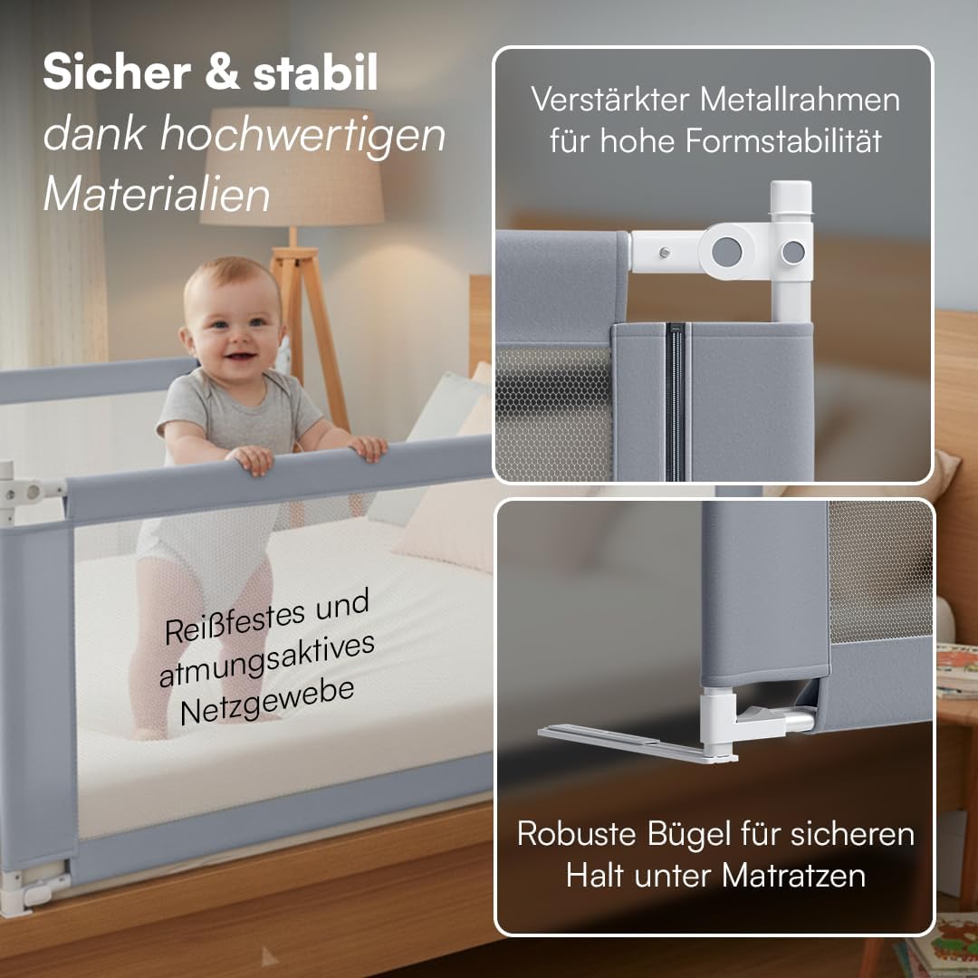 Bellabino Drina Rausfallschutz – Bettschutzgitter Boxspringbett – Bettgitter 180 cm Hellgrau – Baby