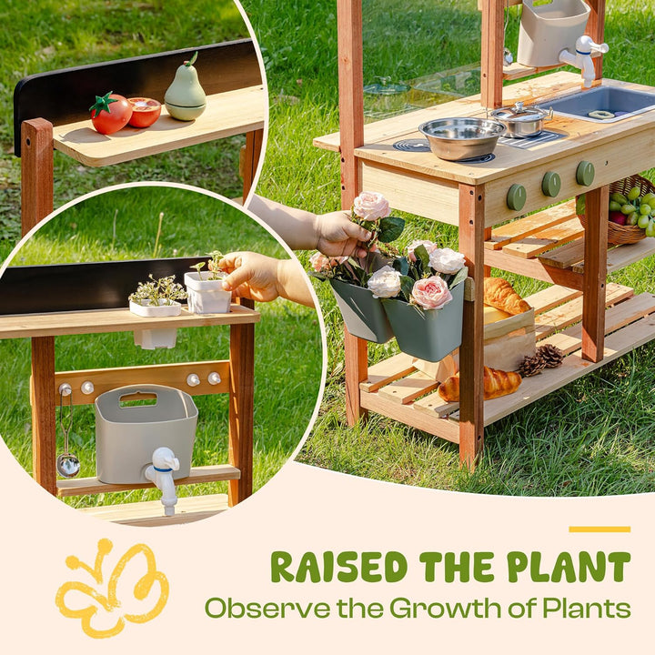 ROBUD Matschküche aus Holz – Outdoor Spielküche mit Zubehör & Maltafel – Rollenspielzeug für Kinder