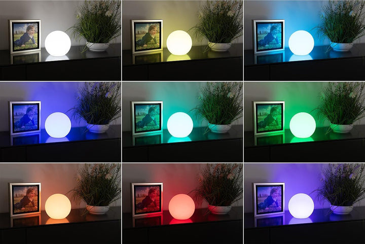 Lunartec Gartenlampen Kugel: Kabellose Akku-Leuchtkugel für innen und aussen, Ø20 cm, IP54, RGBW-LED