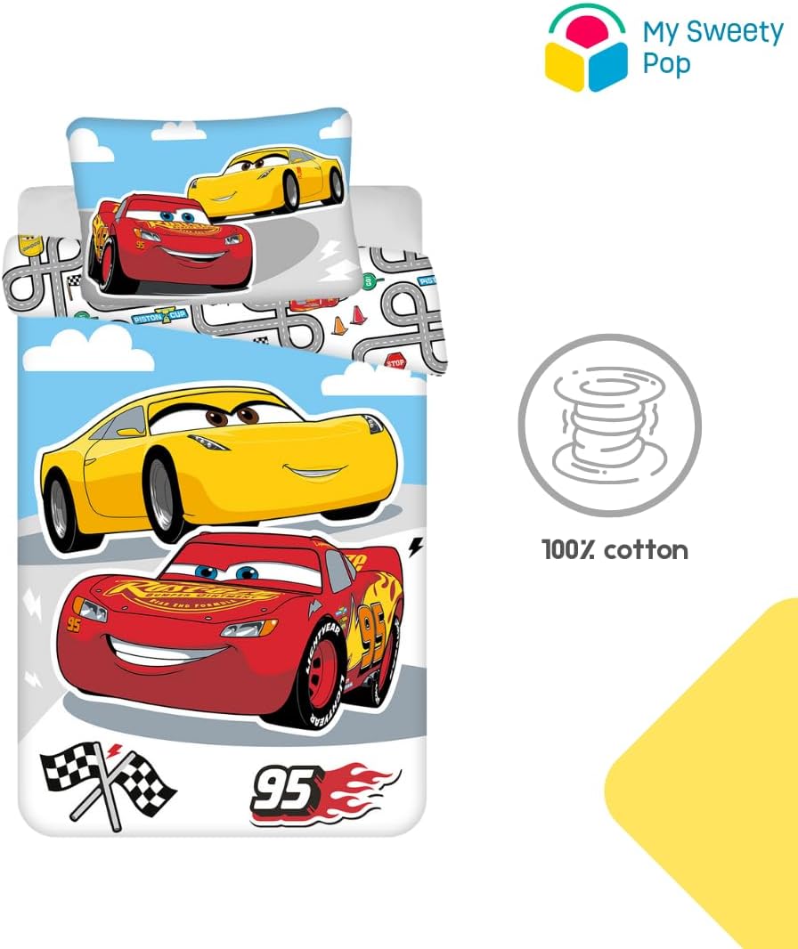 My sweety pop Baby-Bettwäsche Cars, 2-teilig, Bettbezug | Wendbar, 100 x 135 cm, Kissenbezug 40 x 60