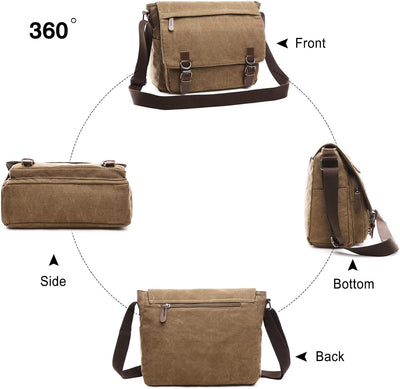 FANDARE Retro Umhängetasche Herren Segeltuch Arbeitstasche Messenger Bag Schultertasche passen 12,9-