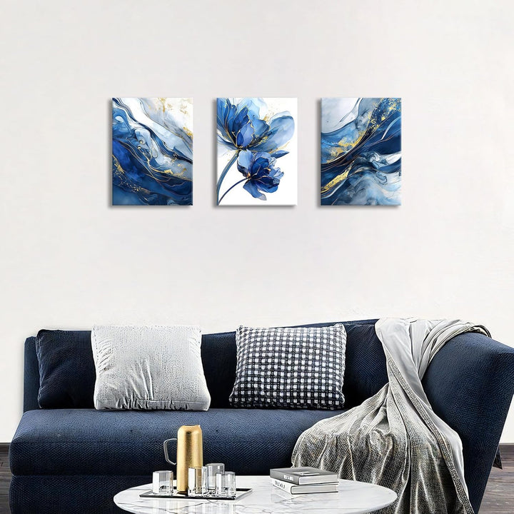 3Pcs Aquarell Gold Blau Lotusblume Mit Rahmen Leinwand Bilder Abstrakt Marineblau Marmor Bild auf Le