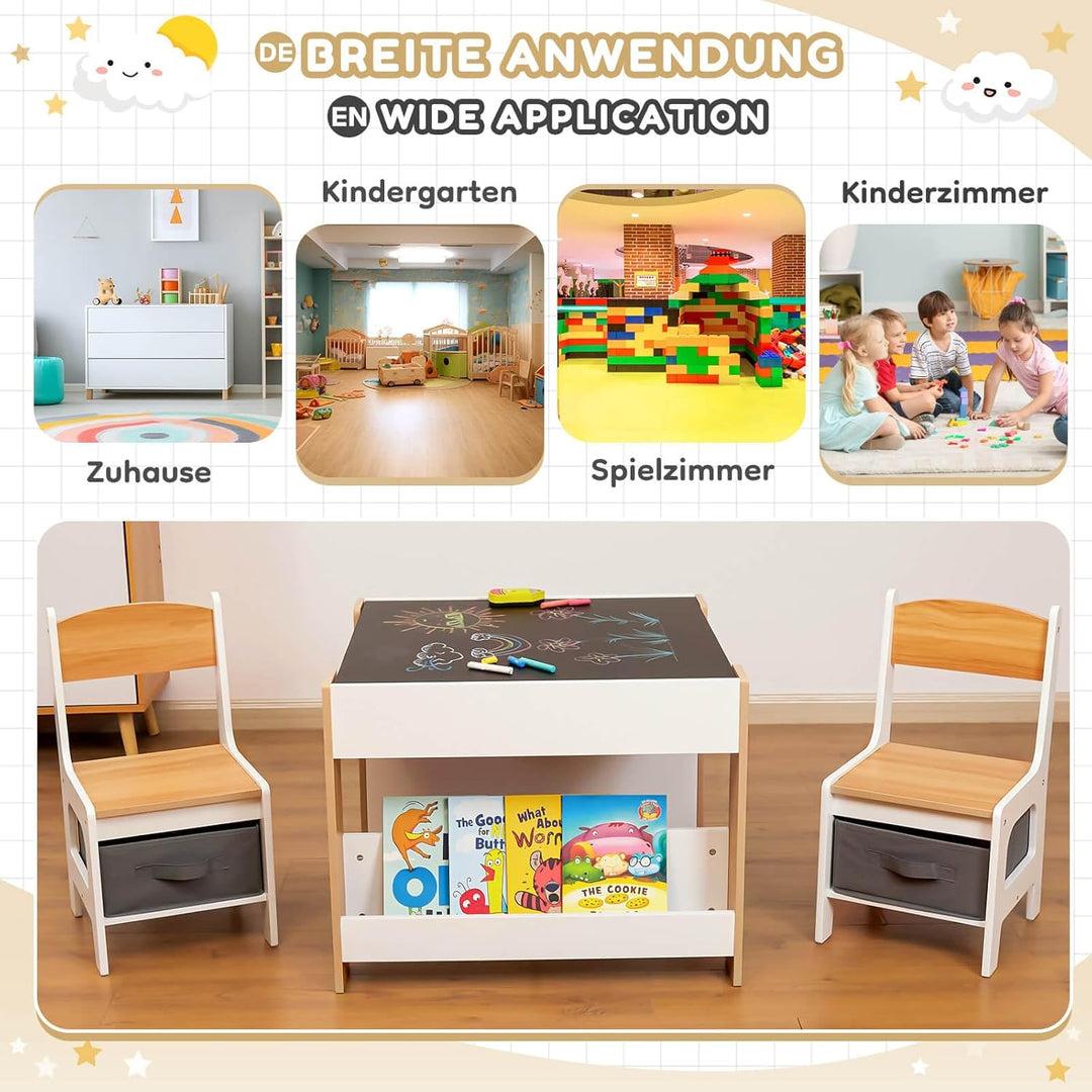 Yorbay Kindertisch mit 2 Stühle, Kindermöbel Set aus Holz mit Stauraum und Bücherregalen, 3 in 1 Mal
