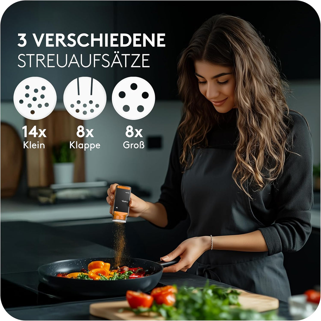 Gewürzgläser Set Schwarz [24 Stück] Eckig mit Streueinsatz | Inklusive 240 Etiketten + Acrylstift +