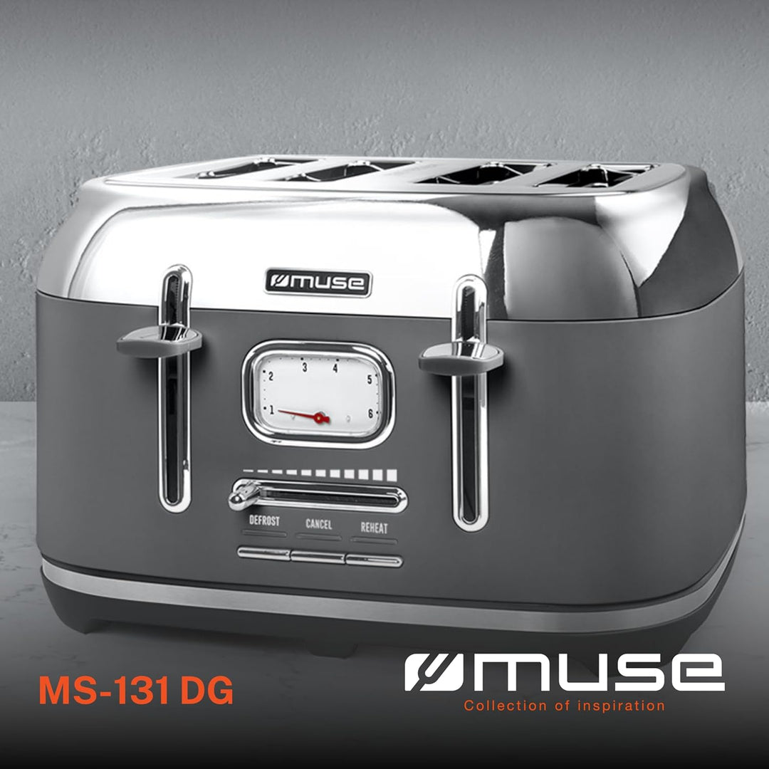 Muse Edelstahl-Toaster im grauen Retro Design, analoge Anzeige, beleuchtete Tasten, 6 Bräunungsstufe