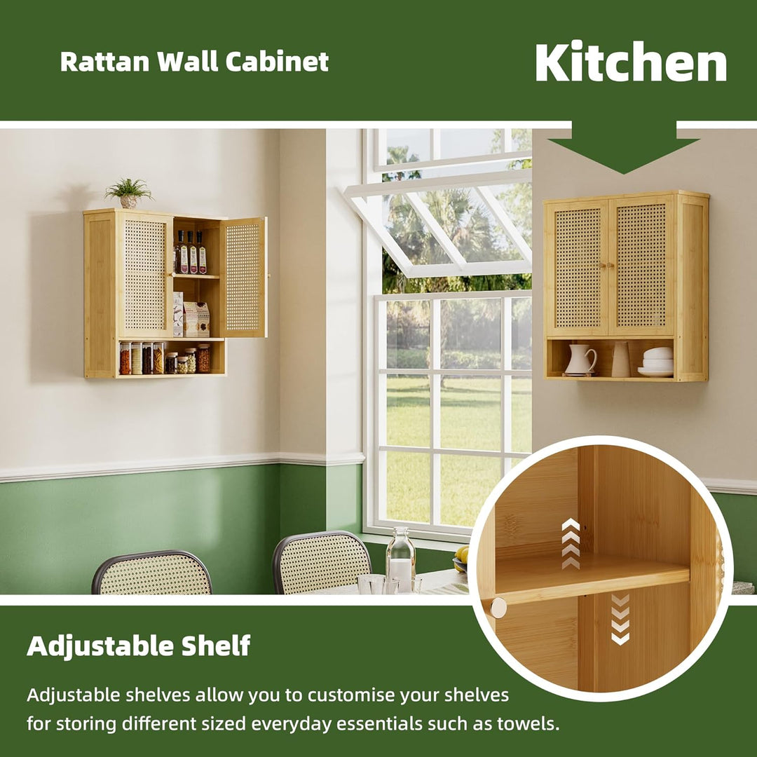 vovala Badezimmer-Wandschrank, Bambus-Aufbewahrungsorganisator über der Toilette mit 2 Rattantüren u