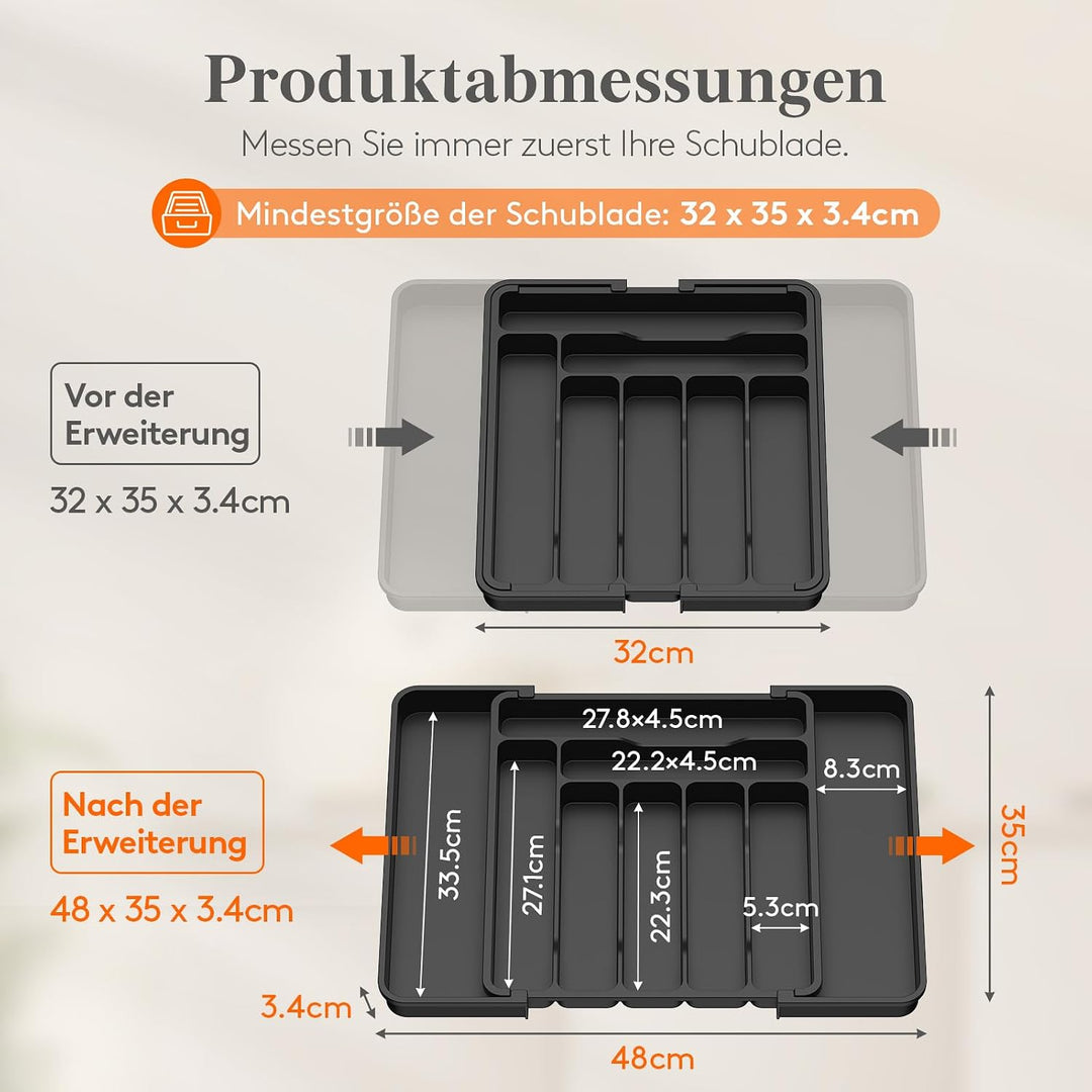 Lifewit Besteckkasten für Schubladen, verstellbarer Besteckeinsatz Tiefe 35 cm, 7-9 Fächer Kunststof