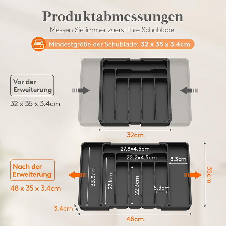 Lifewit Besteckkasten für Schubladen, verstellbarer Besteckeinsatz Tiefe 35 cm, 7-9 Fächer Kunststof