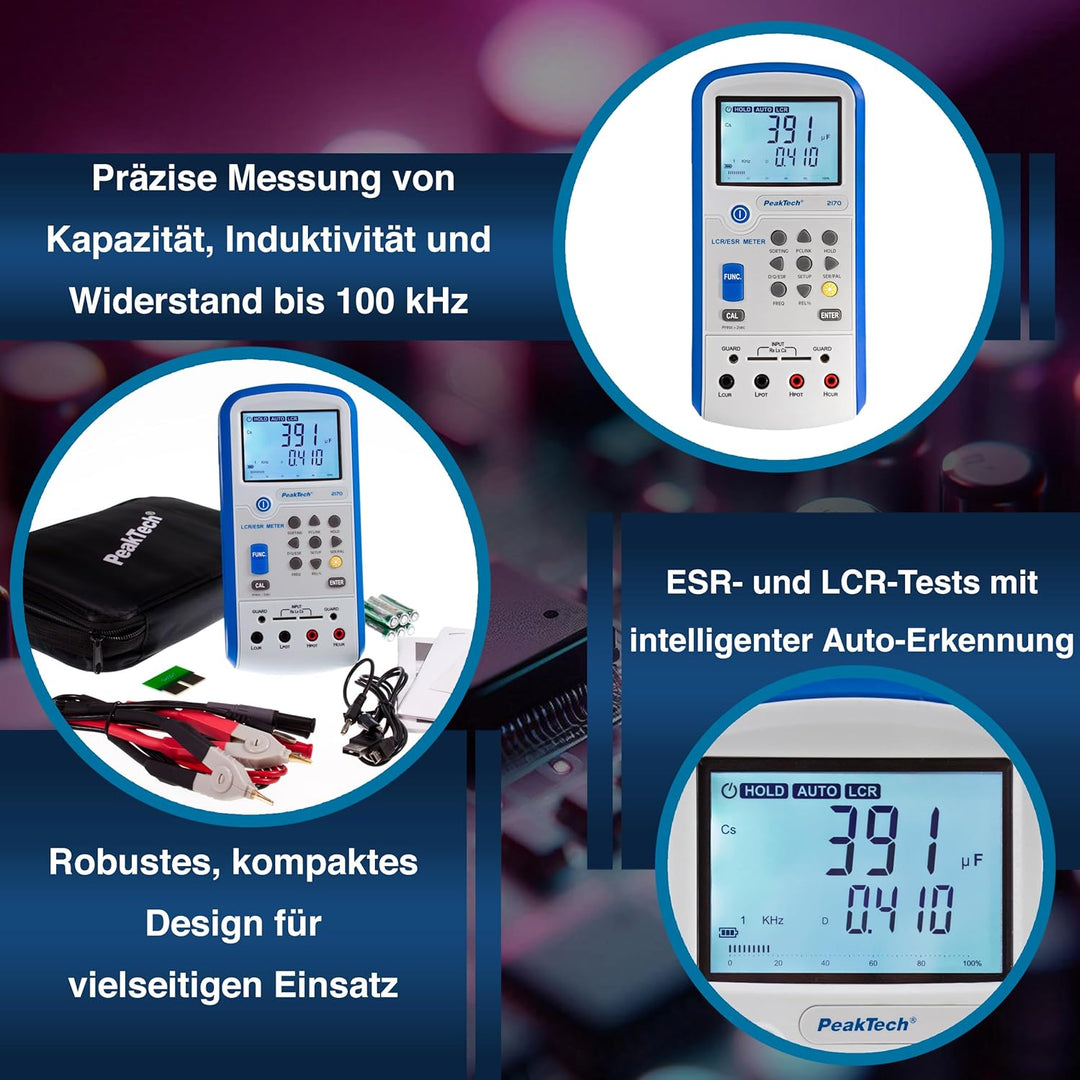 PeakTech 2170 – LCR-Meter, ESR-Messgerät mit USB inkl. Software, LCR Auto-Erkennung, Frequenz 1/120