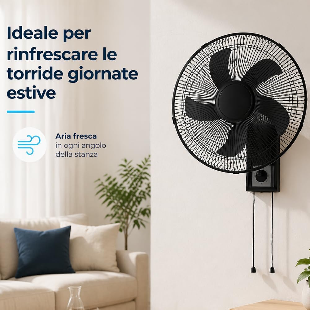 BAKAJI Wandventilator mit Gitter von 43 cm, 3 wählbare Geschwindigkeitsstufen, 5 Flügel, 65 Watt Lei