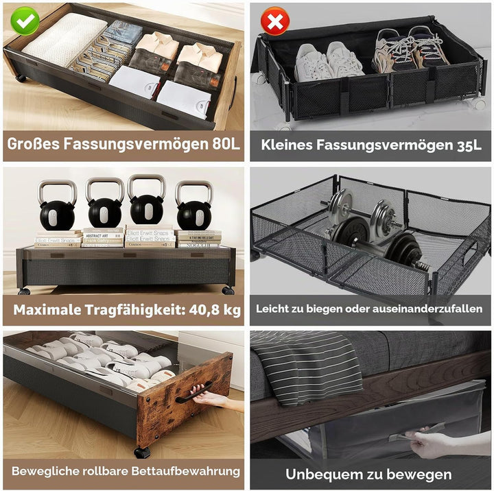 Holz-Unterbett-Aufbewahrung mit Rollen, 80L Extra-grosse rollende Unterbett-Aufbewahrungsboxen 2er-P