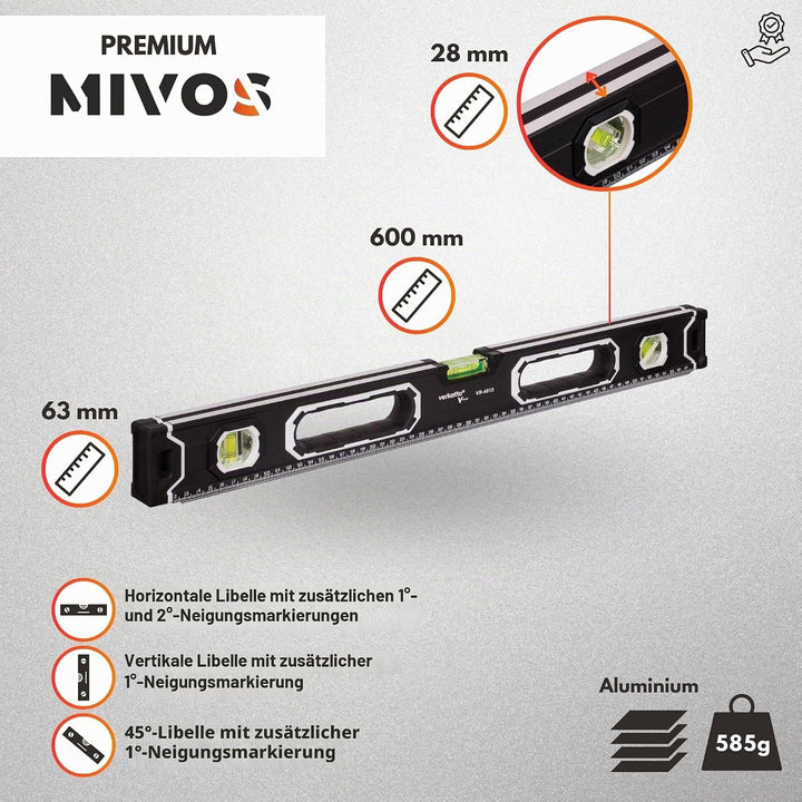MIVOS - Aluminium Wasserwaage 60cm mit Magnet System und Aluminium-Gehäuse - Wasserwaage mit 3 Libel