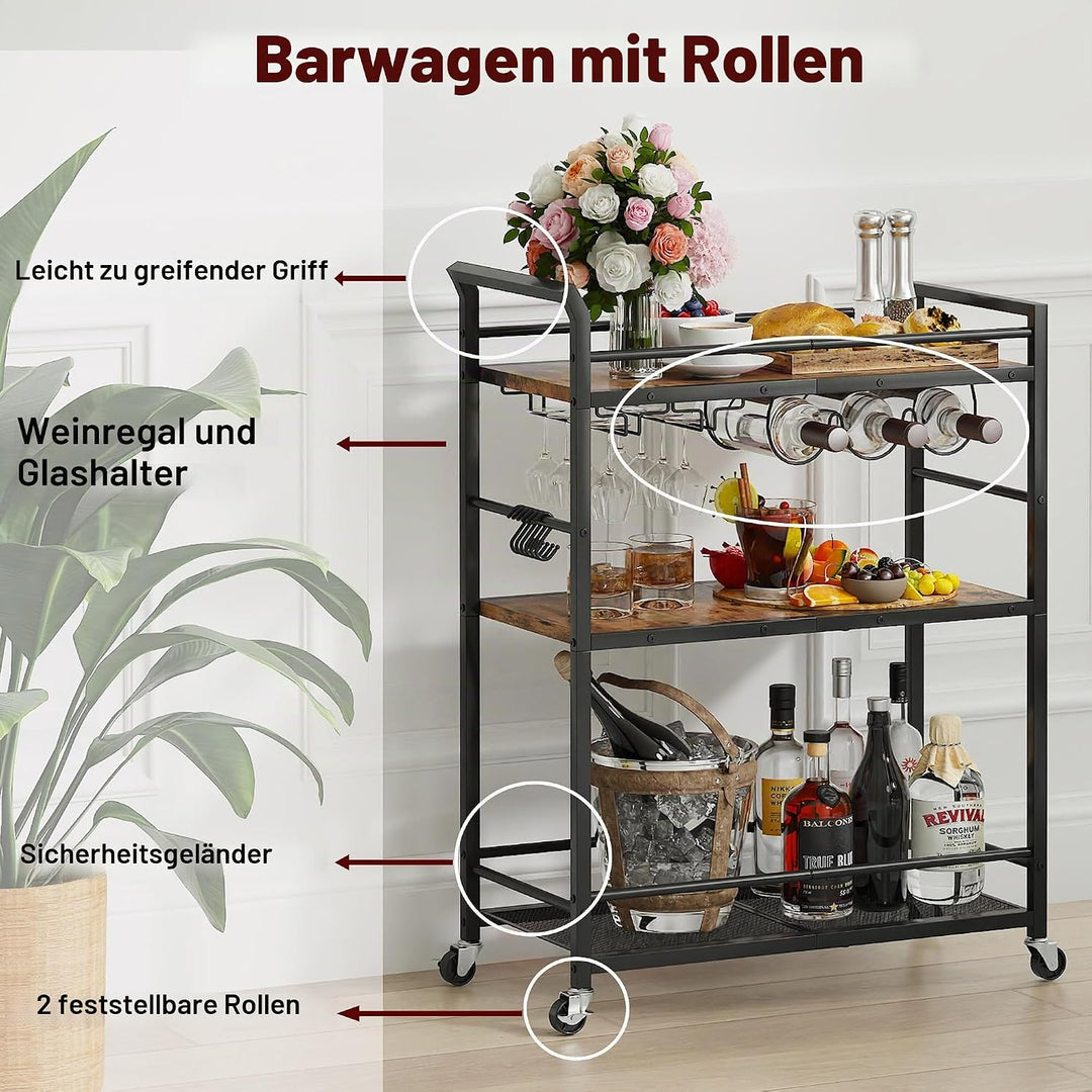Servierwagen mit Rollen Barwagen mit Gläserablage und Weinregal Metall Teewagen Küchenwagen auf Roll