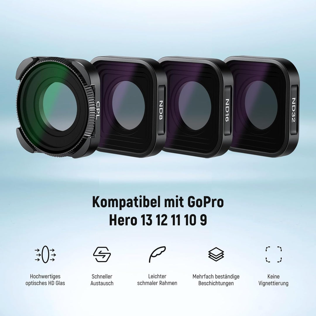 NEEWER ND Filter Set kompatibel mit GoPro Hero 13 12 11 10 9, 4er Pack (ND8 ND16 ND32 CPL) mehrfach