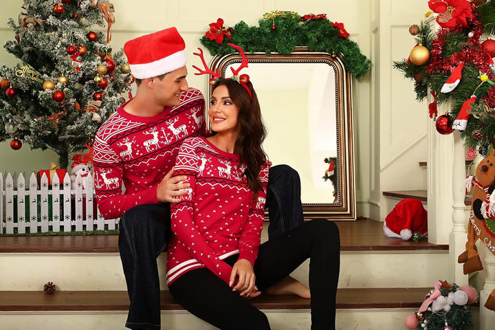 Litherday Weihnachtspullover Herren Damen Christmas Sweater mit Rentiermuster Strickpulli Langarm Wa