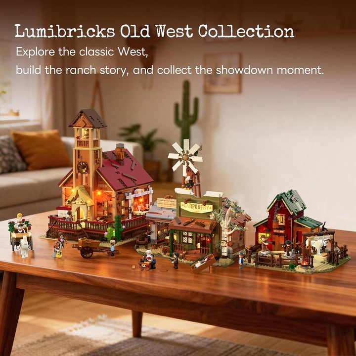 LUMIBRICKS Wild West Ranch Duel Klemmbaustein-Set mit LED-Beleuchtung, 1023 Teile Western-Ranch Mode