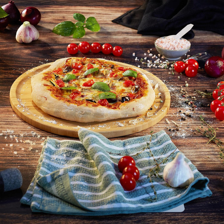 Relaxdays Pizzateller, 4er Set, Bambus, Ø 32 cm, Servierbrett für Pizza, Flammkuchen, Käse, rundes P