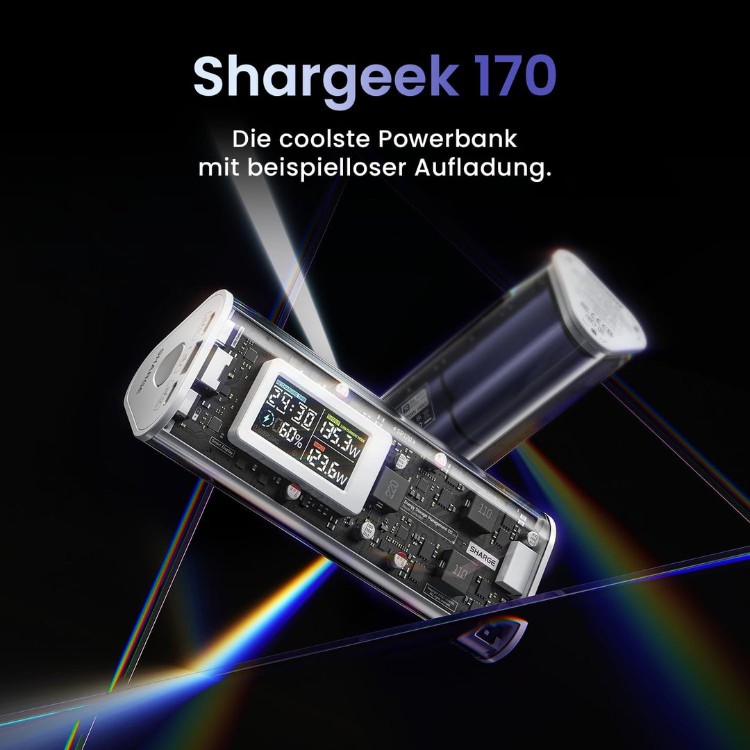 SHARGEEK 170 Powerbank USB C, Ladegerät Tragbar 24000mAh mit Smart Display, Akkupack Transparenter W