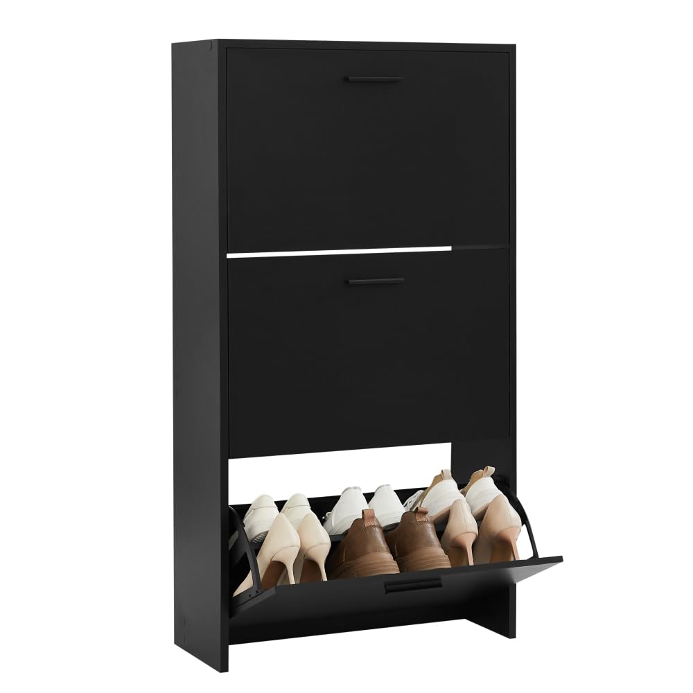 CASABEL Schuhschrank Schmal für 18 Paar Schuhe, Modernes Schuhregal Holz mit 3 Klappen, Platzsparend
