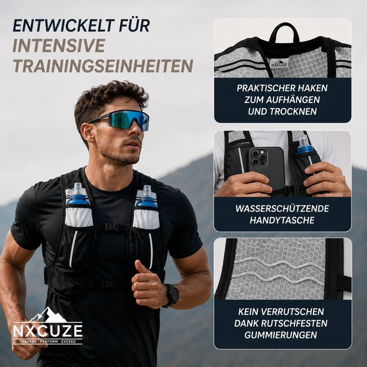 NXCUZE® Premium Laufweste Damen & Herren mit 2X 500ml Trinkflasche – Laufweste mit Trinkflasche / Tr