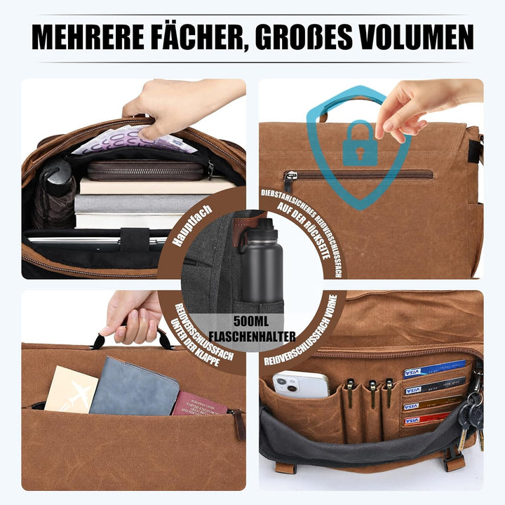 Eshow Umhängetasche Herren Wasserabweisend, Laptoptasche 15,6 Zoll aus Echtleder und Canvas, Messeng