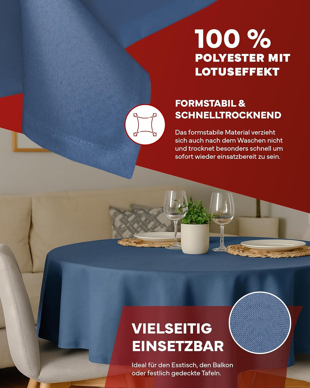 texpot Gartentischdecke 220 cm rund in Blau mit Leinen Optik Lotuseffekt Fleckschutz Bügelfrei Tisch