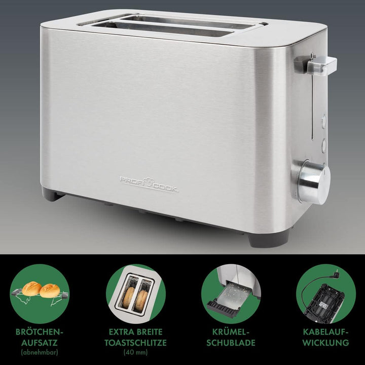 ProfiCook® Toaster | 2 Scheiben-Toaster | Edelstahlgehäuse | Wide Slot | Brötchenaufsatz (abnehmbar)