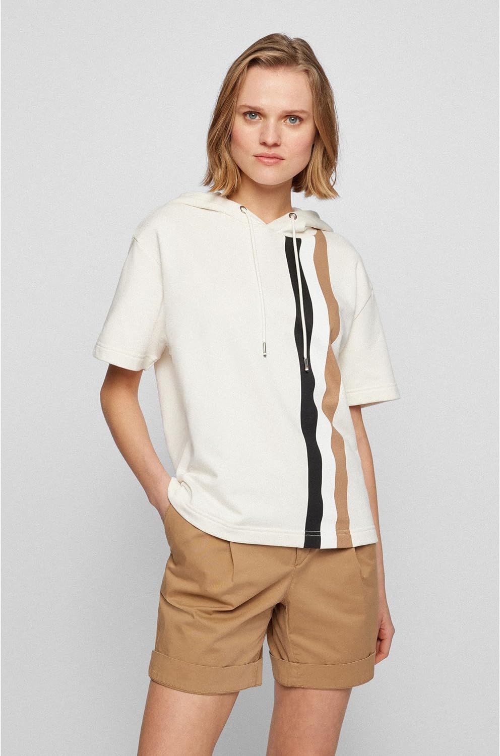 BOSS Damen C Enhala Hoodie mit kurzen Ärmeln und Streifen-Print Weiss L