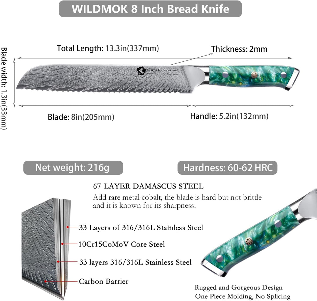 WILDMOK Brotmesser mit Wellenschliff, 20cm, robuster und langlebiger Harzgriff, Brotmesser aus 67 Sc
