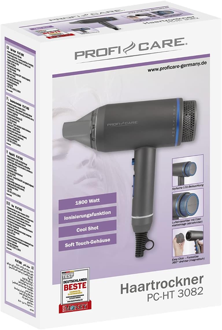 ProfiCare PC-HT 3082 Haartrockner, 3 Temperatur-/Leistungsstufen, Easy Click-Formdüse 360° drehbar,