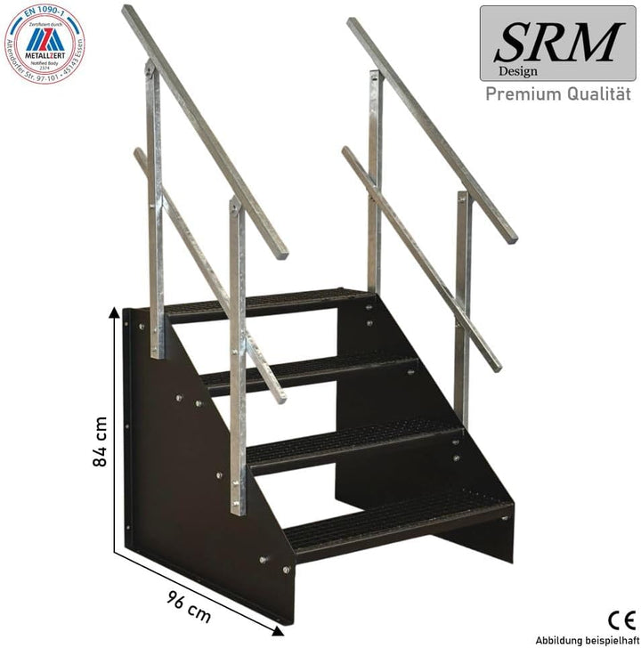 SRM Design 4 Stufen Standtreppe mit beidseitigem Geländer robuste Wangentreppe Gitterrosttreppe Auss