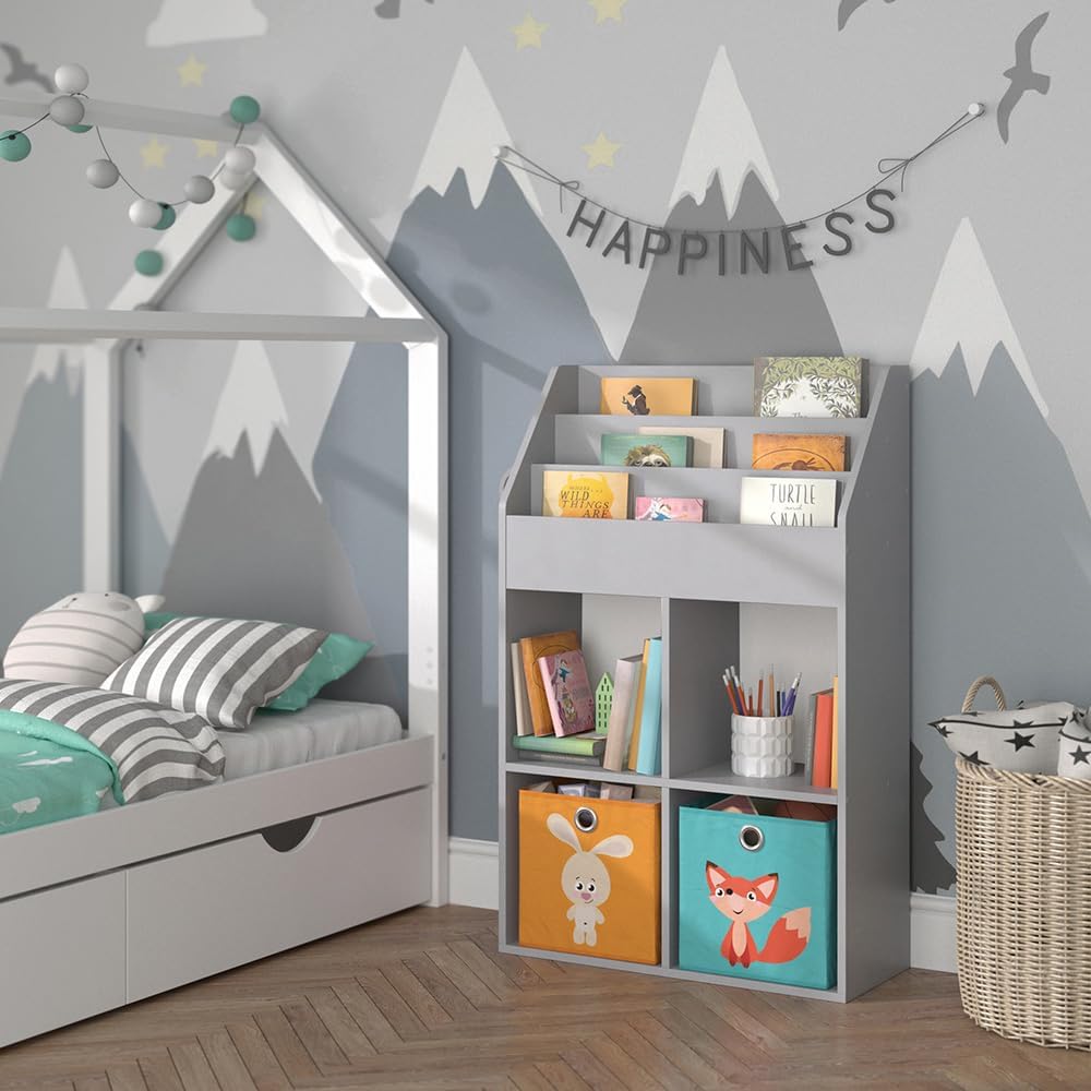 Vicco Kinderregal Grau Luigi mit 2 Faltboxen - 72x114x31 cm aus Spanplatte - Bücherregal ideal fürs