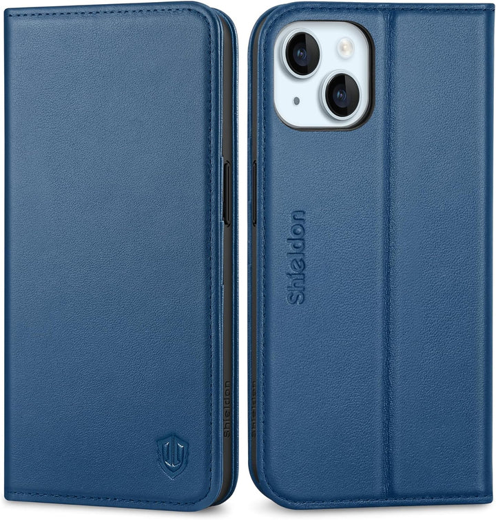 SHIELDON Hülle für iPhone 15, Schutzhülle [Rindsleder] [Stossfest] [Standfunktion] [Kartenfach] TPU