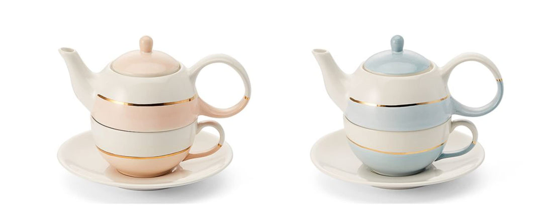 NEU teemando® Tea for one Set "Lieske", blau + Tea for one Set "Lieske", rosa Keramik mit Goldauflag