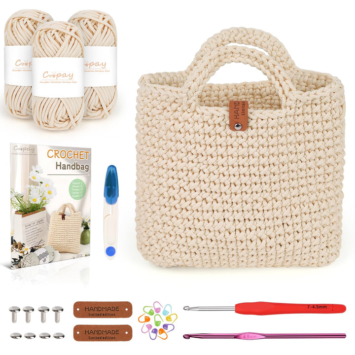 Coopay Häkelset für Anfänger, Häkelset Tasche mit Häkelnadel 4,5mm, Anleitung, 5mm Dicke Wolle zum H