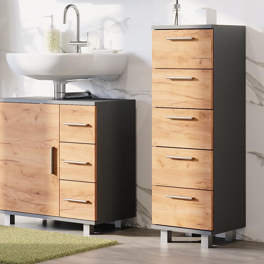 Vicco Midischrank Ilias, Anthrazit/Goldkraft Eiche, 30.2 x 95 cm | zur Wandmontage geeignet und komb
