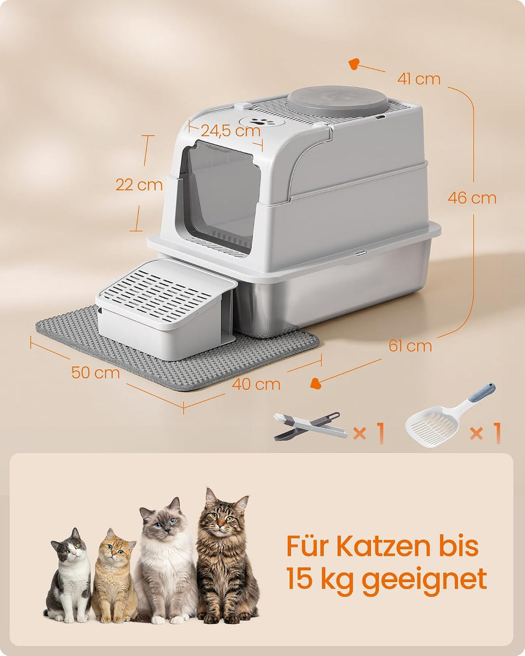 Feandrea Katzenklo Edelstahl, Katzentoilette mit Deckel, geschlossen, 2 Eingänge, inklusive Schaufel