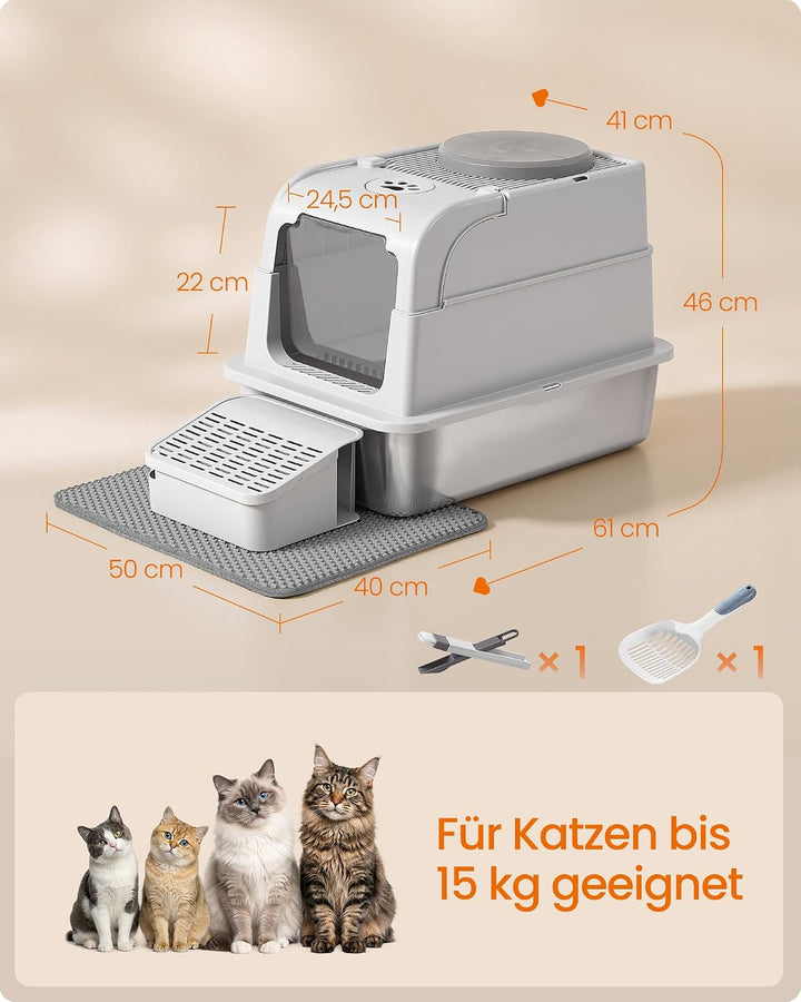 Feandrea Katzenklo Edelstahl, Katzentoilette mit Deckel, geschlossen, 2 Eingänge, inklusive Schaufel