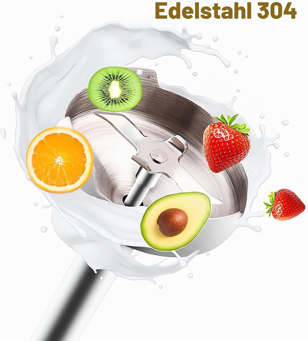 4-in-1 Stabmixer Edelstahl 500W, Pürierstab mit 2 Geschwindigkeiten, Hand Blender Set mit Schneebese