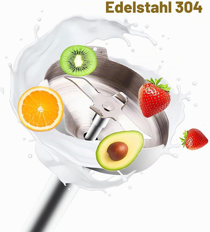 4-in-1 Stabmixer Edelstahl 500W, Pürierstab mit 2 Geschwindigkeiten, Hand Blender Set mit Schneebese