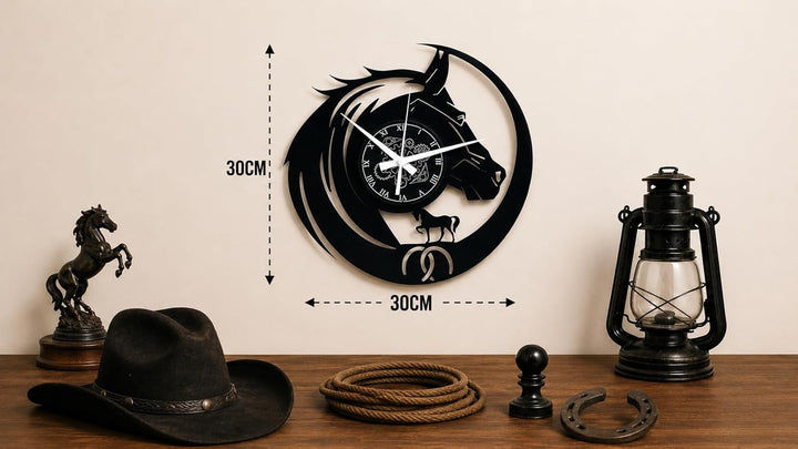 Instant Karma Clocks Wanduhr aus Vinyl Pferd Reiten Hufeisen