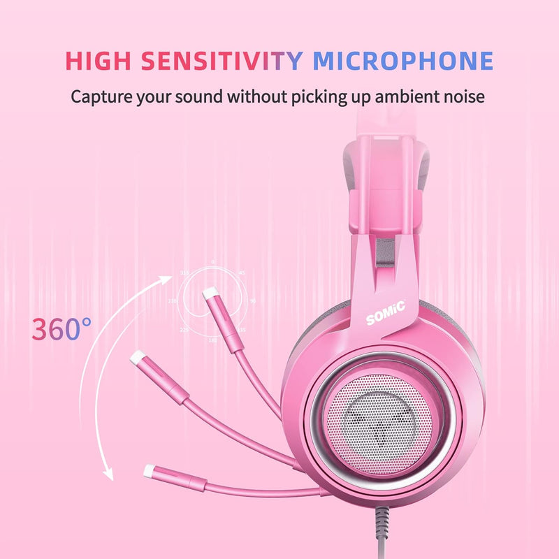 Somic G951S Rosa Gaming-Headset mit Mikrofon, Mädchen Frauen Rosa Katze Ohr-Kopfhörer mit 3,5-mm-Kab