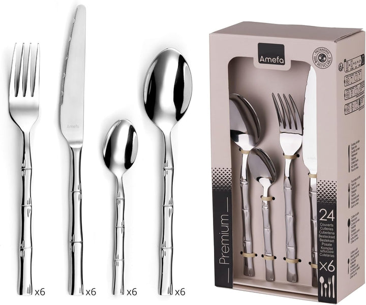 Amefa Karma Besteck Set | rundes Griffdesign mit Bambusdekor | 24-teilig | Essbesteck für 6 Personen