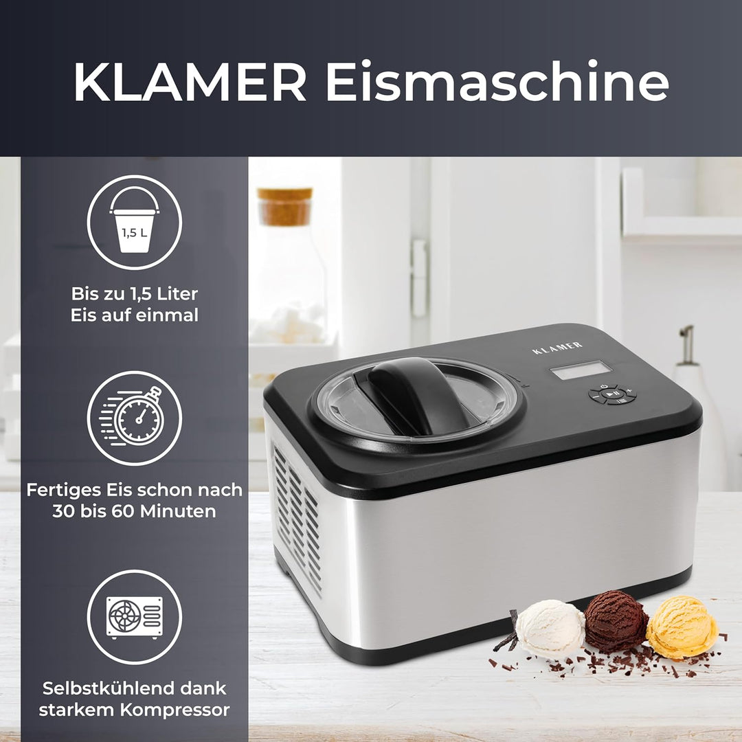 KLAMER Eismaschine 1,5L, 120 W Eiscrememaschine aus Edelstahl mit Kühlfunktion, hausgemachtes Speise