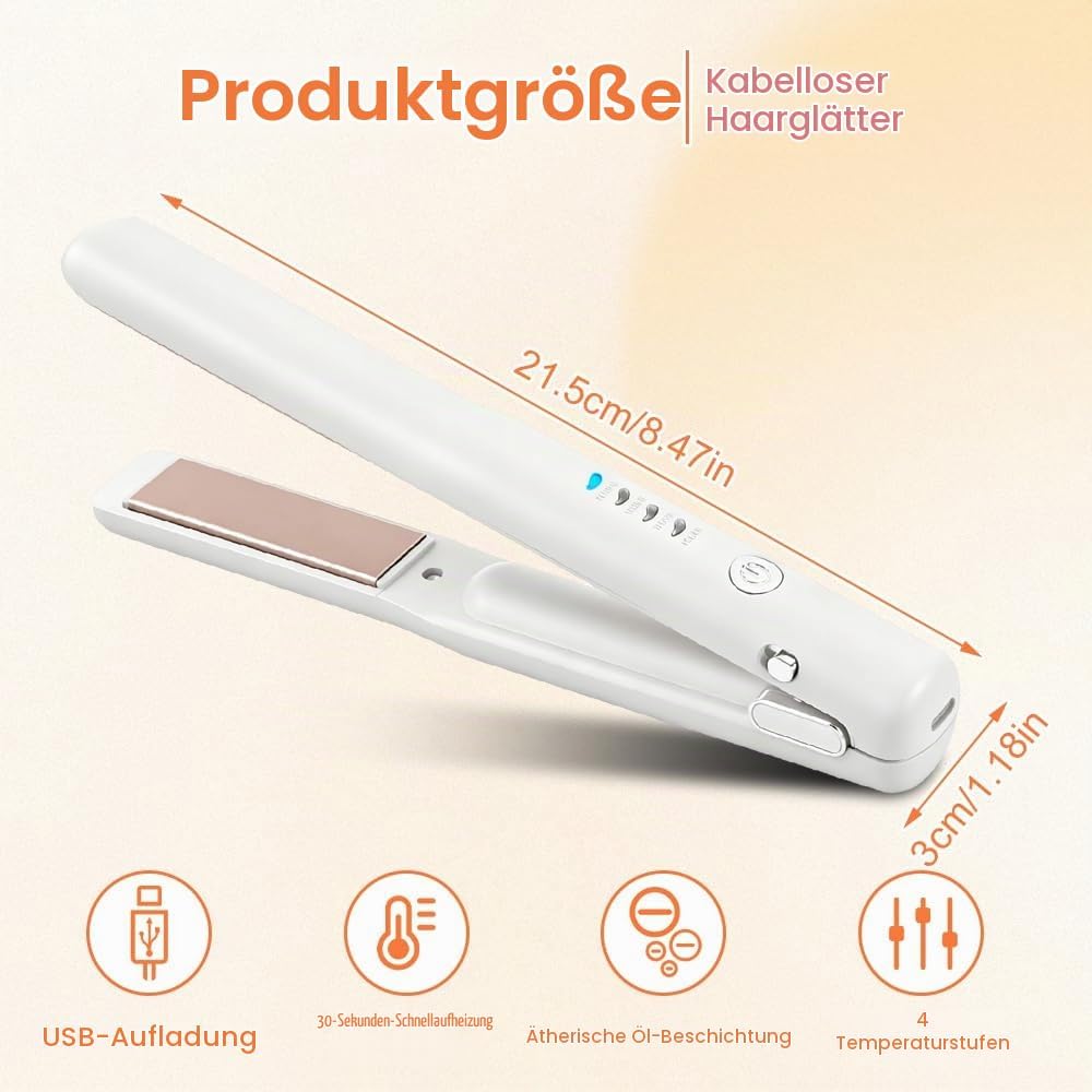 2 In 1 Mini Glätteisen Kabellos und Lockenstab, Hair Straightener, 4 Temperaturen, Wiederaufladbare