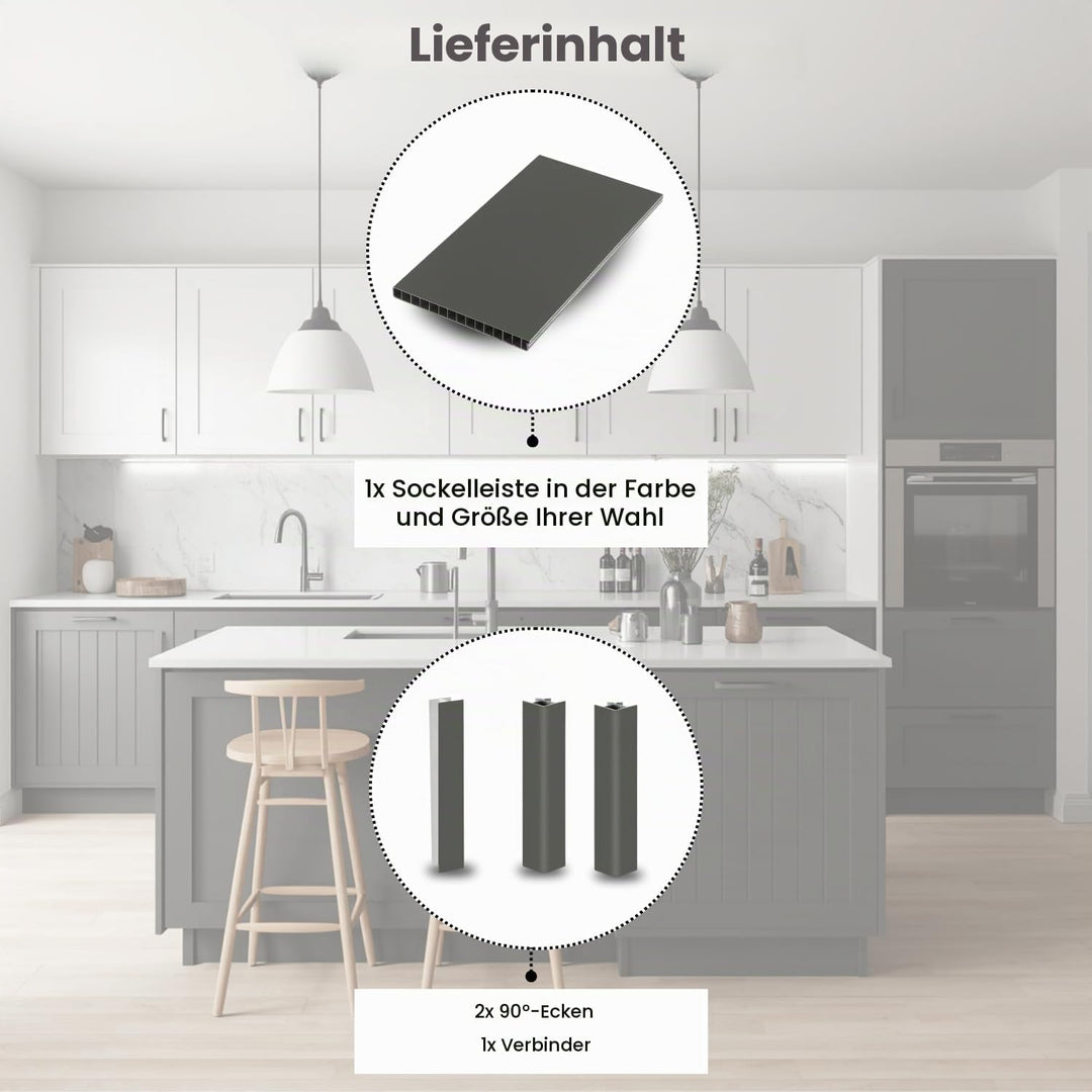 Evotrade Küchensockel – Sockelleiste L 2,5 m aus PVC | Höhe und Farben wählbar + Zubehör (2 Eckkappe