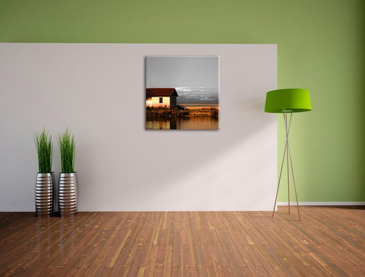 Pixxprint Haus am See bei Sonnenuntergang als Leinwandbild/Grösse: 70x70 cm/Wandbild/Kunstdruck/fert