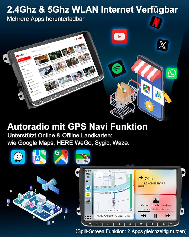 VW Autoradio mit Bildschirm für Golf 5 6 Polo T5 Passat Touran Seat Skoda, 2Din Bluetooth Auto Radio
