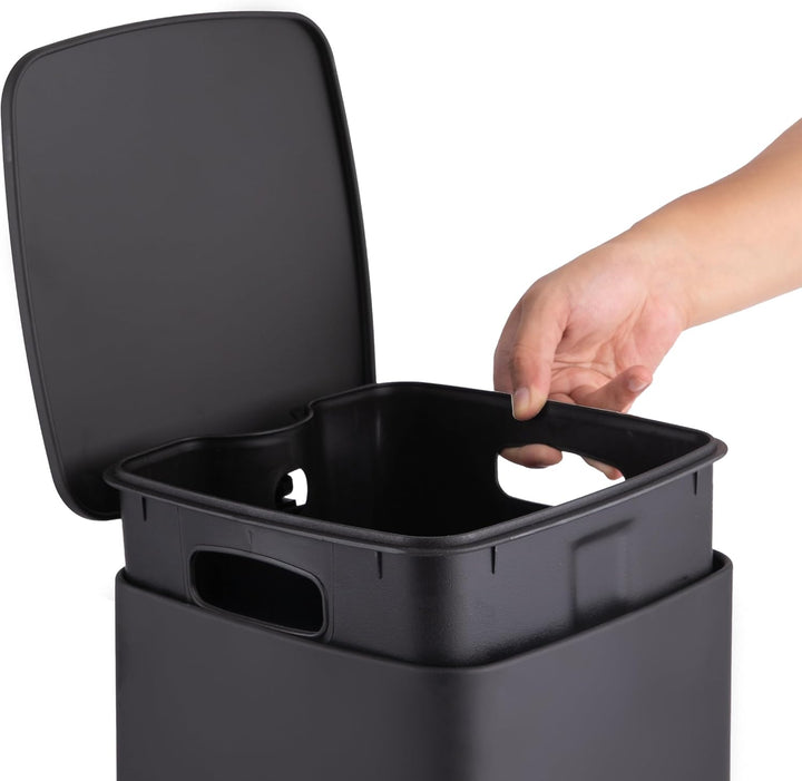 Relaxdays Mülleimer Küche, 12 Liter, Absenkautomatik, entnehmbarer Inneneimer, Mattes Metall, eckige